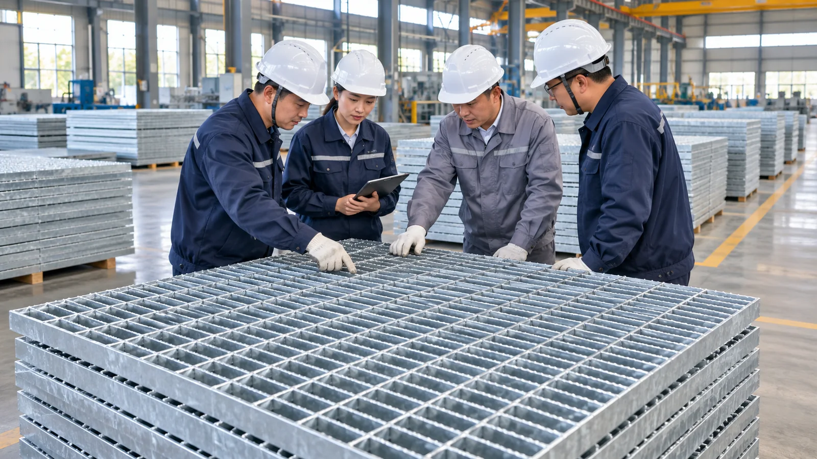 large Chinese production team wearing safety helmets inside clean steel grating workshop