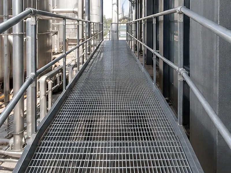 industrial walkway with galvanized steel grating floor and safety handrails