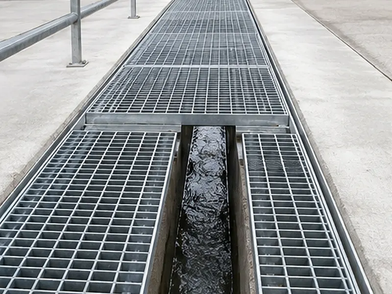 galvanized drainage grating covering trench channel in industrial facility