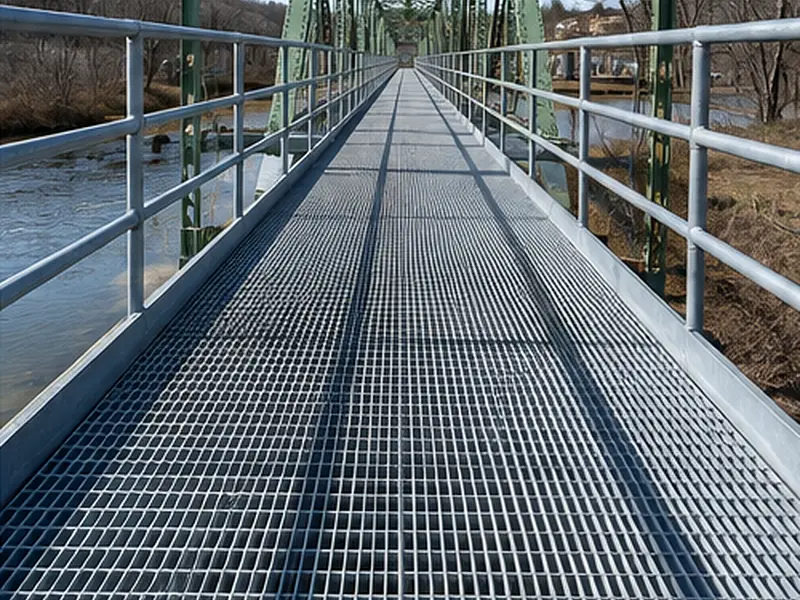 bridge deck steel grating walkway over river with handrails