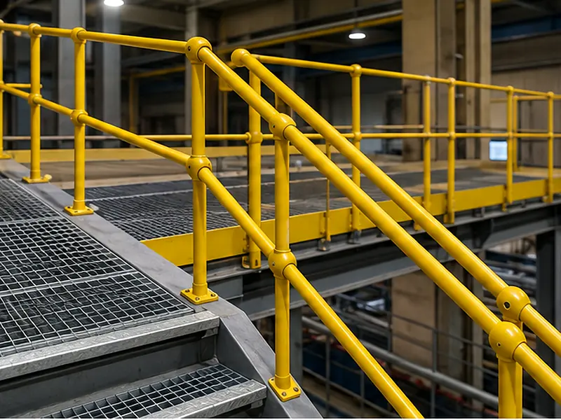 walkway and stair safety handrail with grating floor