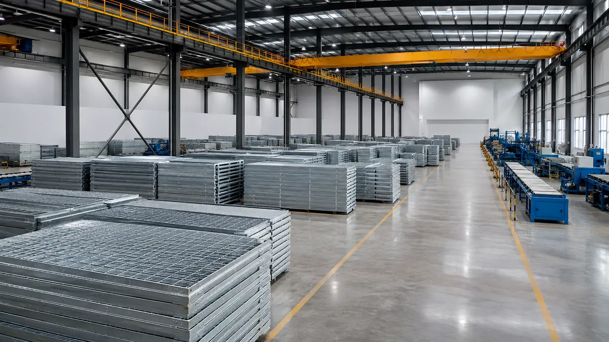 large clean steel grating workshop filled with galvanized grating panels