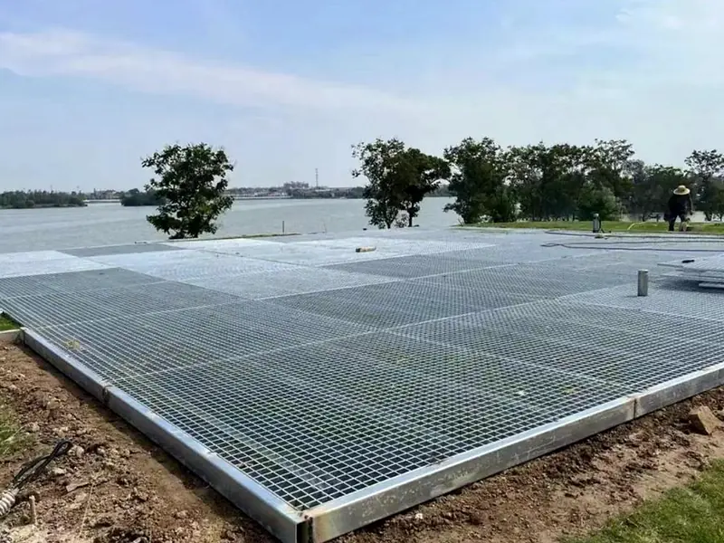 large galvanized steel grating platform near water treatment and seawater area