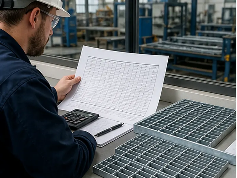 engineer checking steel grating load table with galvanized grating samples