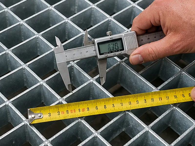 measuring galvanized steel grating size and bearing bar spacing with caliper