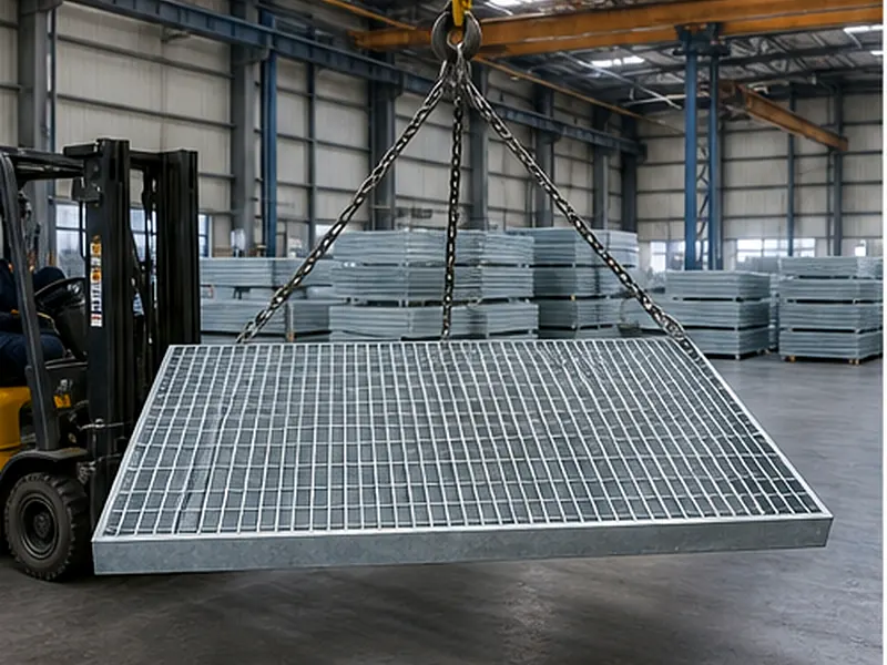 galvanized steel grating panel lifted by crane for weight checking