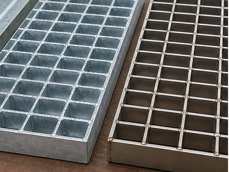 galvanized and stainless steel grating samples for material finish comparison