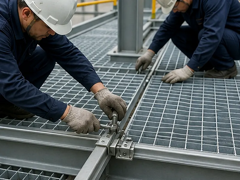 workers installing steel grating clips on galvanized grating platform
