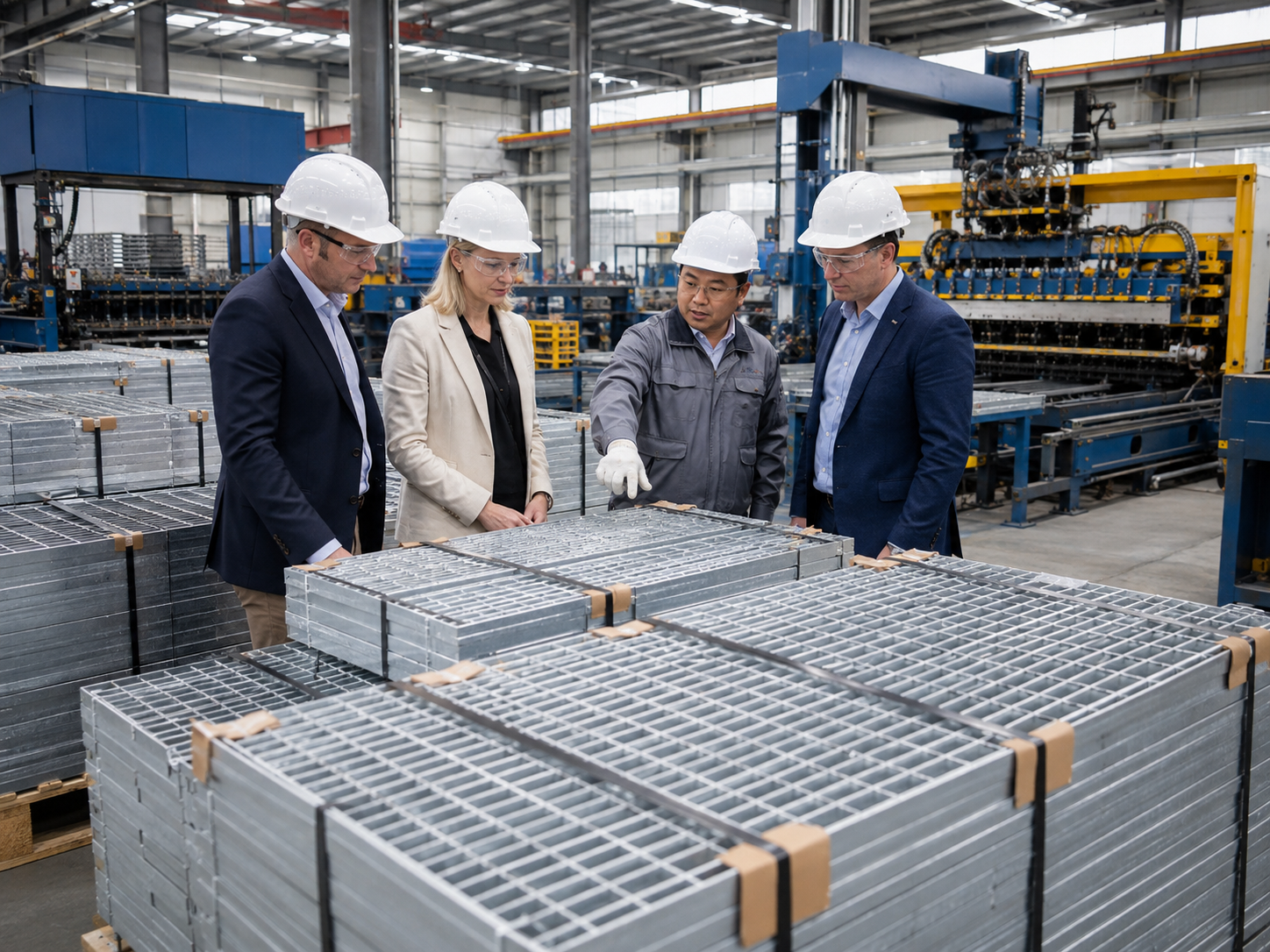 Western buyer and factory engineer checking galvanized steel grating export packing in a clean workshop