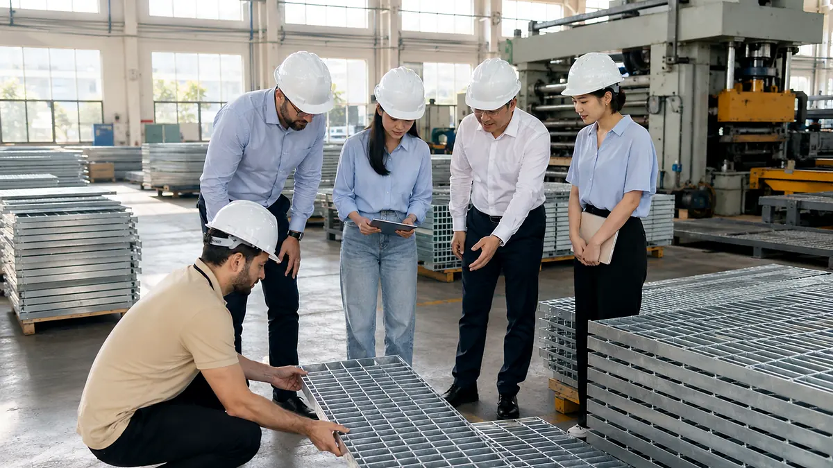 foreign customers visiting a bright steel grating factory workshop with export team support