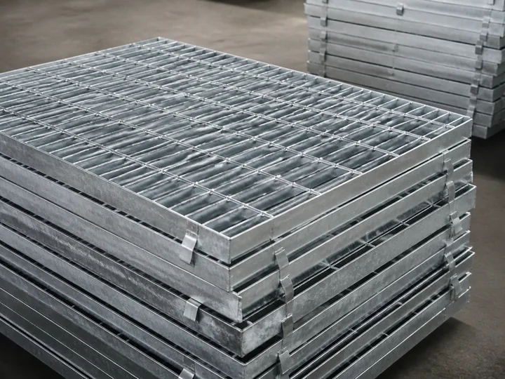 hot-dip galvanized steel grating panels stacked for export