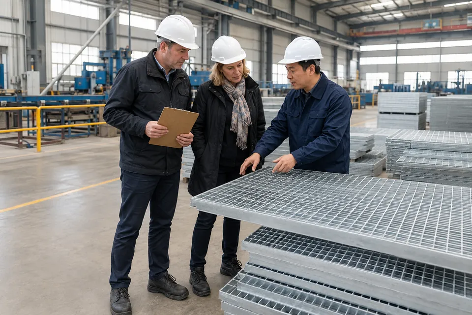 International visitors touring a steel grating factory with an engineer