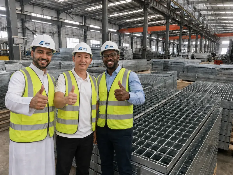 international buyers visiting steel grating factory with JGM safety helmets