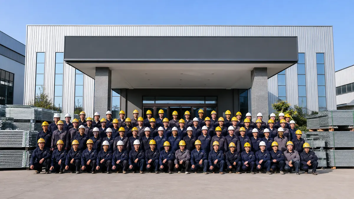 large Chinese factory team wearing safety helmets in front of steel grating factory