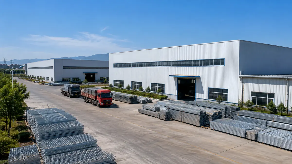 modern steel grating factory exterior and yard with galvanized grating stock
