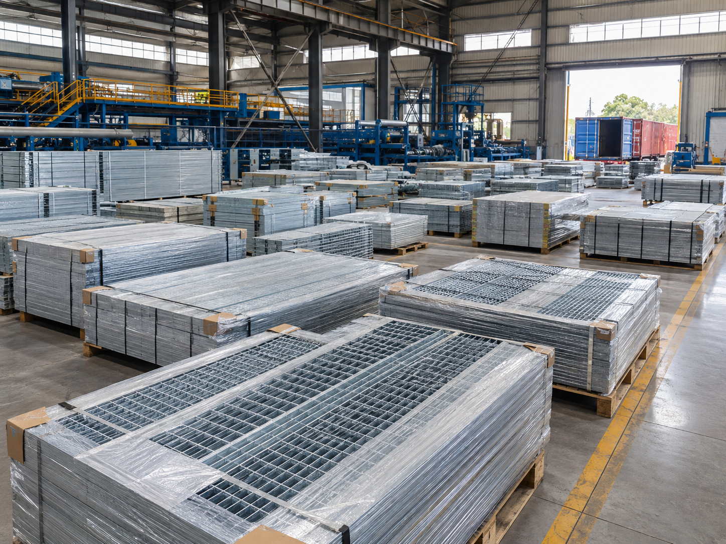 Clean steel grating workshop with export-ready bundles, pallets, edge protection and shipping marks