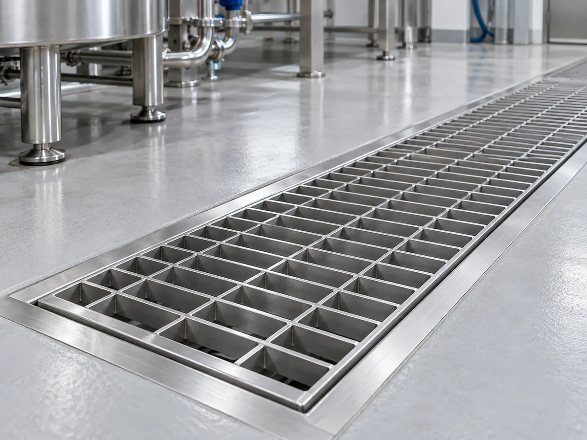 stainless steel trench cover grating installed over clean drainage channel