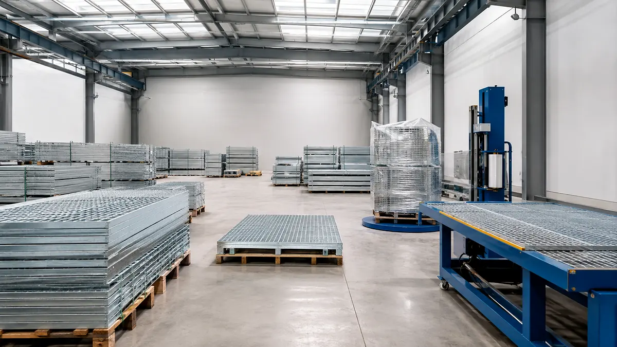 clean steel grating finished goods workshop with stacks of galvanized panels