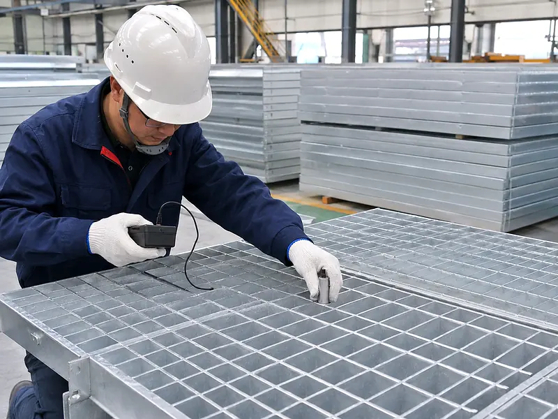 inspector checking zinc coating thickness on galvanized steel grating