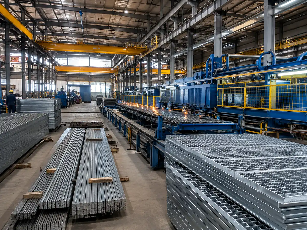 steel grating production workshop line with stacked panels