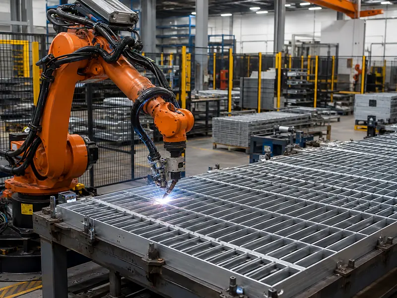 robotic welding cell fabricating steel grating panels