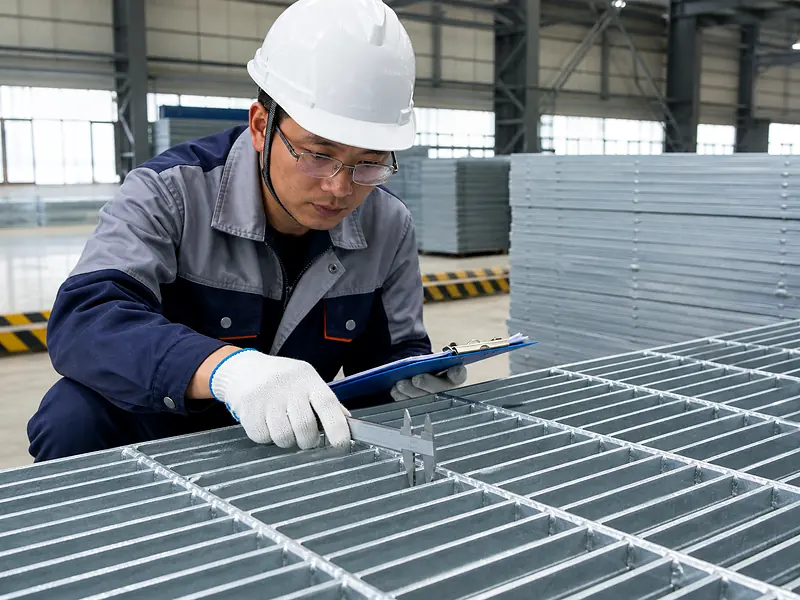 inspector checking welded joints on galvanized steel grating panel