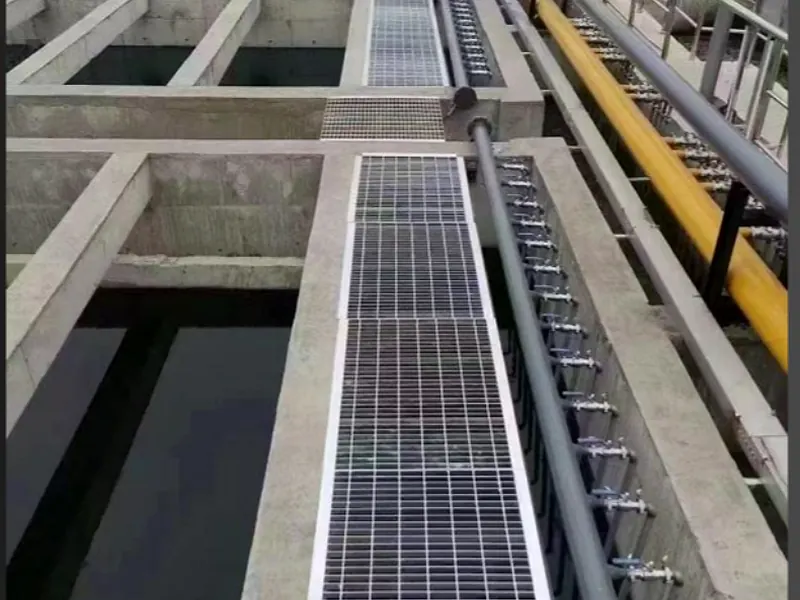 wastewater treatment plant drainage channel with galvanized steel grating covers